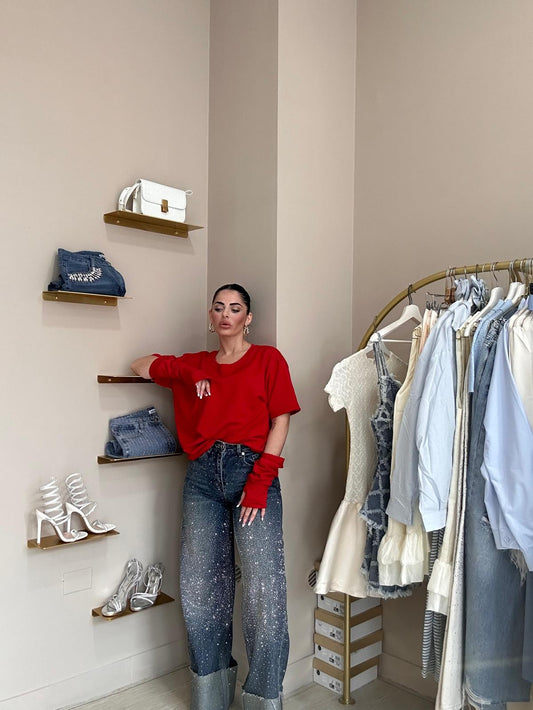 Jeans strass con piegone